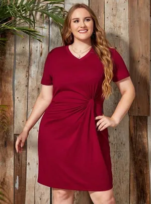 Shein Curve‎ 4XL Red Lune Twist Front V Neck Tshirt Dress Office Corporate Work thumbnail 1