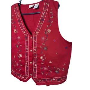 Bobbie Brooks Womens XL Red Cotton Floral Embroidered Button Front Vest thumbnail 2