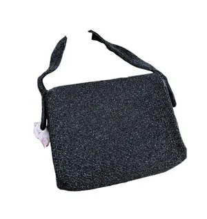 Vintage Black Beaded Hand Bag, 1950s Black Beaded Purse thumbnail 2