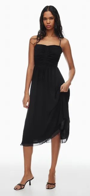 Aritzia Black Chiffon Midi Fit & Flare Dress Ruched Sweetheart Straps Size 8 thumbnail 1
