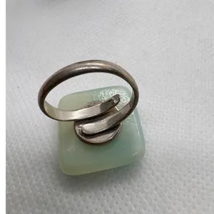 Vintage 925 Sterling Silver Art Glass Square Floral Adjustable Ring Size 6 Aqua thumbnail 6