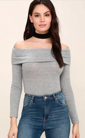 Hollister Gray Off Shoulder Long Sleeve Top thumbnail 1