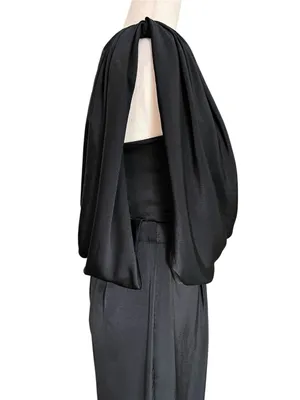 DO+BE black satin jumpsuit featuring an asymmetrical draped one-shoulder overlay thumbnail 10
