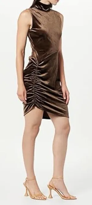NWT THE DROP Fabia Ruched Velvet Mockneck Mini Dress‎ in Coffee Bean - XXL thumbnail 1