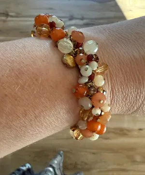 Boho Cluster Bead Wrap Stretch Bracelet, Earth Tones -Orange & Cream thumbnail 1