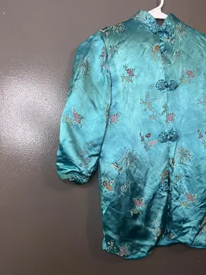 Vintage Great Lion Jacket Womens XS Teal Silk Embroidered Mandarin Hong Kong 60s thumbnail 6
