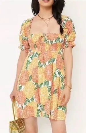 House of Harlow‎ 1960 Smocked Linen Dress Orange Flower Print Mini Size XS thumbnail 1