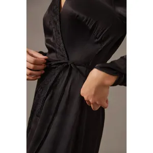 Anthropologie Lace Trimmed Wrap Dress Viscose Satin Long Sleeve Black XS NWT thumbnail 3