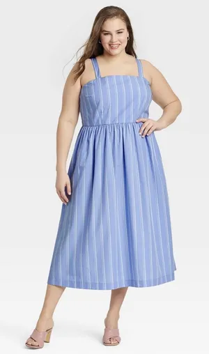 A New Day Plus Size Blue White Stripe Smocked Midi Sundress XXL thumbnail 1