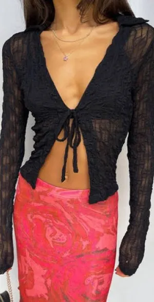 Princess Polly Long Sleeve Black Mesh Top thumbnail 1