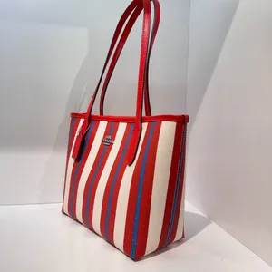 NWT Coach CT824 Small City Tote With Stripe Print Canvas Leather Chalk/Red Multi thumbnail 2