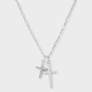 Blessed by your faith Silver Plated Cubic Zirconia Double Cross Necklace 16-19in thumbnail 5