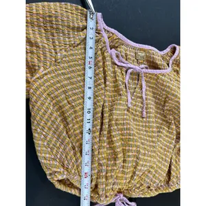 Free EST Free People Boho Mustard Plaid Blouse Peasant Top Balloon Sleeve Tie thumbnail 8