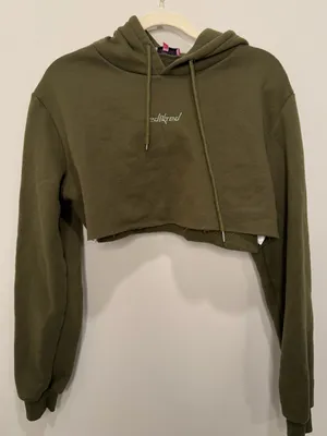 Edikted Olive Green Cropped Raw Hem Logo Hoodie Size Small thumbnail 1