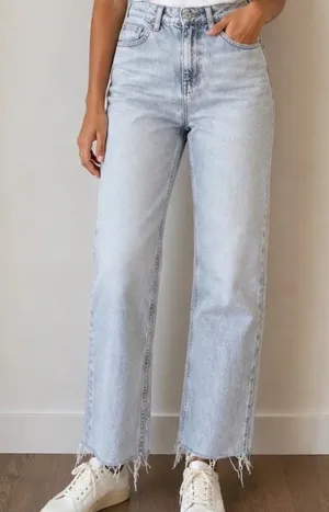 Zara High Rise Straight Leg Raw Hem Distressed Jeans Light Wash Size 14 thumbnail 1