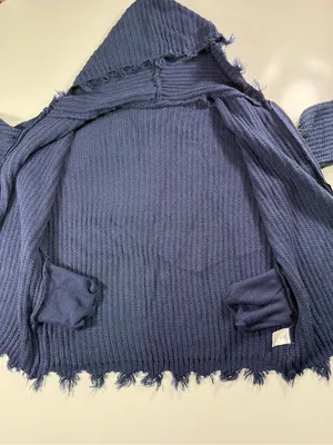 Frayed-Hem Hooded Zip Cardigan Sweater in Navy thumbnail 7