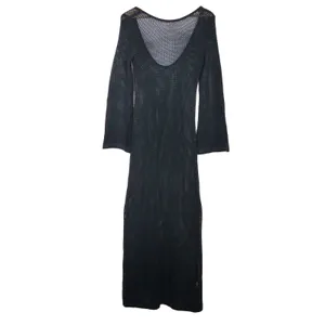 Black Open Knit Crochet Maxi Dress Size XS/S Bell Sleeve Sheer Goth Boho Witchy thumbnail 7