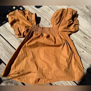 Maeve By Anthropologie Puff-Sleeve Smocked Blouse in Rust Orange, Size M, NWOT thumbnail 10