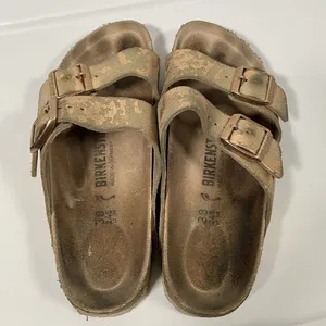 Birkenstock Arizona Suede Leather Sandals in Vintage Metallic Rose Copper Sz 38N thumbnail 6