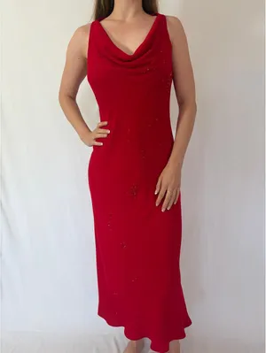 Jones New York Red Beaded Cowl Neck Formal Elegant Evening Dress thumbnail 6