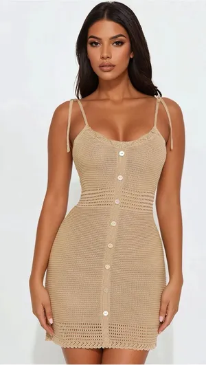 Tie-Shoulder Knit Mini Dress in Tan thumbnail 1
