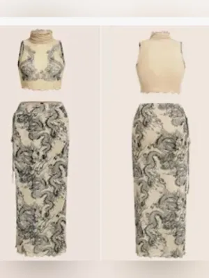 Beige Dragon Print Maxi Skirt and Top Set - Women thumbnail 3