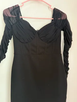 Lulus Black lace dress with ruched sleeves and corset top thumbnail 1