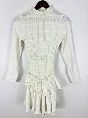 ASOS‎ White Cotton Smocked Mini Dress 4 Long Sleeve Tiered Ruffle Boho Cottage thumbnail 1