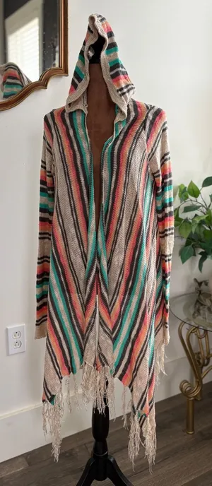 Daytrip Striped‎ Knit Hooded Fringe Cardigan Sweater Bohemian Boho Medium thumbnail 1