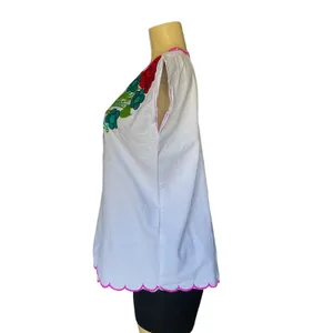 Mexican White Embroidered Blouse Floral Artisanal Folk Art Chiapas Boho Festival thumbnail 3