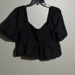 American Eagle Women's Black Peplum‎ Eyelet Off Shoulder Crop Top size L thumbnail 6