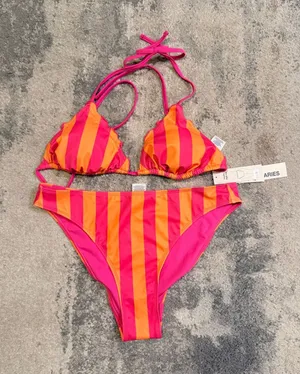 Women's No Boundaries Pink & Orange Striped Triangle Bikini thumbnail 1
