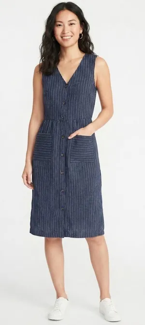 Old Navy Blue & White Striped Linen-Blend Sleeveless Woman’s Dress Size Large thumbnail 1