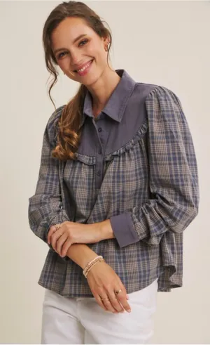 in february Moonlight Blue Plaid Mixed Media Ruffle Yoke Cotton Top Size M NWT thumbnail 1