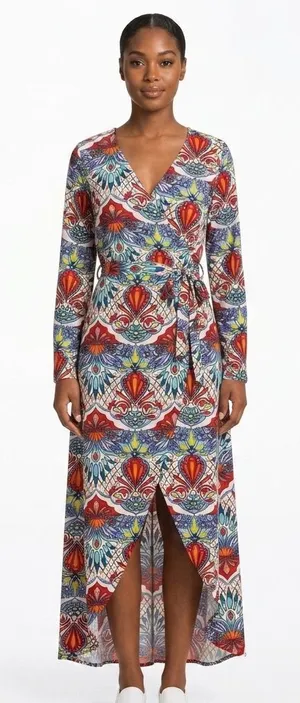 Norma Allen Collection Boho Abstract Print Faux Wrap Maxi Dress Large thumbnail 1