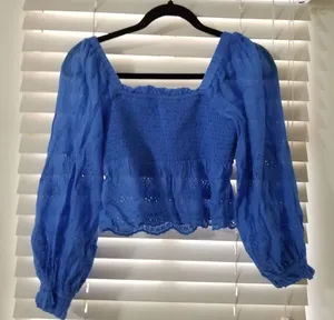 American Eagle Womens Blue Long Sleeve Smocked Top With Eyelet Detail Size S thumbnail 1