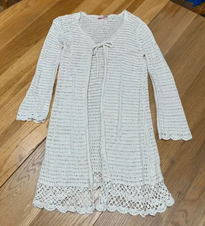 Pink Lily Womens Crochet Knit‎ Duster Cardigan Ivory Cream Tie Front JB-A7126 S thumbnail 1