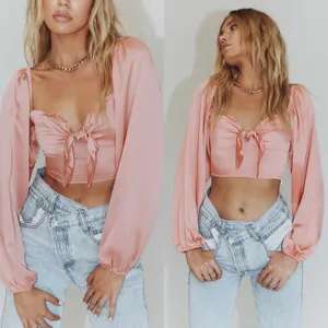 Princess Polly Cropped Long Sleeve Estee Top in Light Pink Satin Size 4 thumbnail 2