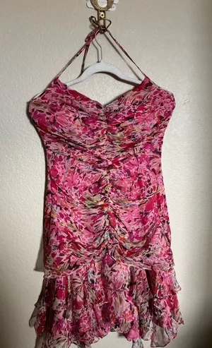 American Vintage Vintage Y2K‎ Muse Asymmetrical Draped Floral Silk Halter Midi Dress Sz 6 Pink thumbnail 1