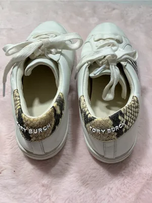 Tory Burch White Leather Sneakers with Black Logo and Snakeskin Trim 159 thumbnail 3