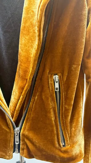 Forever 21 Velvet Moto Jacket Mustard Marigold Cropped Biker Size Small thumbnail 6