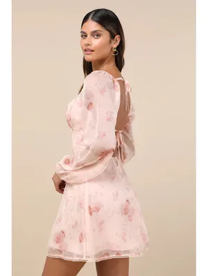NWT Lulus Lovely Poise Light Pink Floral Tie-Back Long Sleeve Mini Dress Size M thumbnail 2