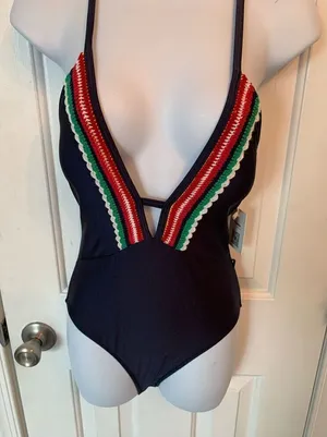 Cupshe Womens small Swimsuit One Piece V Neck Crocheted Trim Navy Blue Strappy thumbnail 1