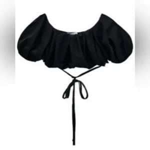 ZARA Off-the-Shoulder Puff Sleeve Criss‎ Cross Self Tie Crop Top in Black Medium thumbnail 3