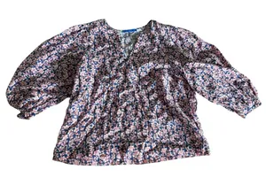 J. McLaughlin Floral Peasant Blouse Medium Blue Pink Balloon Sleeve Notch Neck thumbnail 1