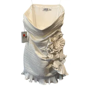 AMUR Isla Strapless Rosette Ruffle-Trim‎ Mini Dress 8 Ivory White thumbnail 4
