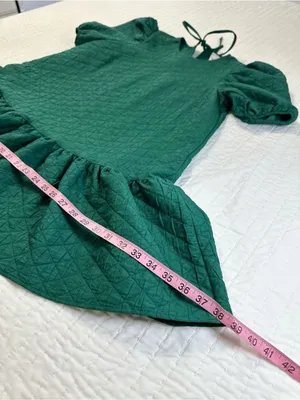 Anthropologie Maeve Green Drop Waist Jacquard Quilted Puff Sleeve Mini Dress Oversize Size M thumbnail 10