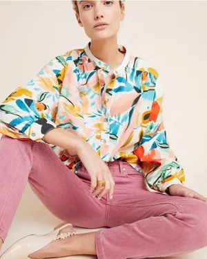 Anthropologie Crisanta 100% Cotton Poplin Buttondown Floral Abstract Print thumbnail 1