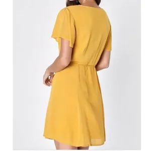 NWT Lulus Harbor Point Mustard Yellow Flutter-Sleeve‎ Mini Wrap Dress MEDIUM thumbnail 4