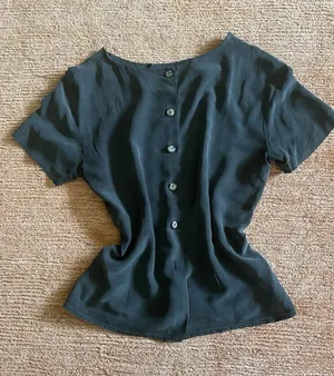 Women’s Pure Silk Ribbed Mock Neck Top Gray Short Sleeve Size 4 thumbnail 1